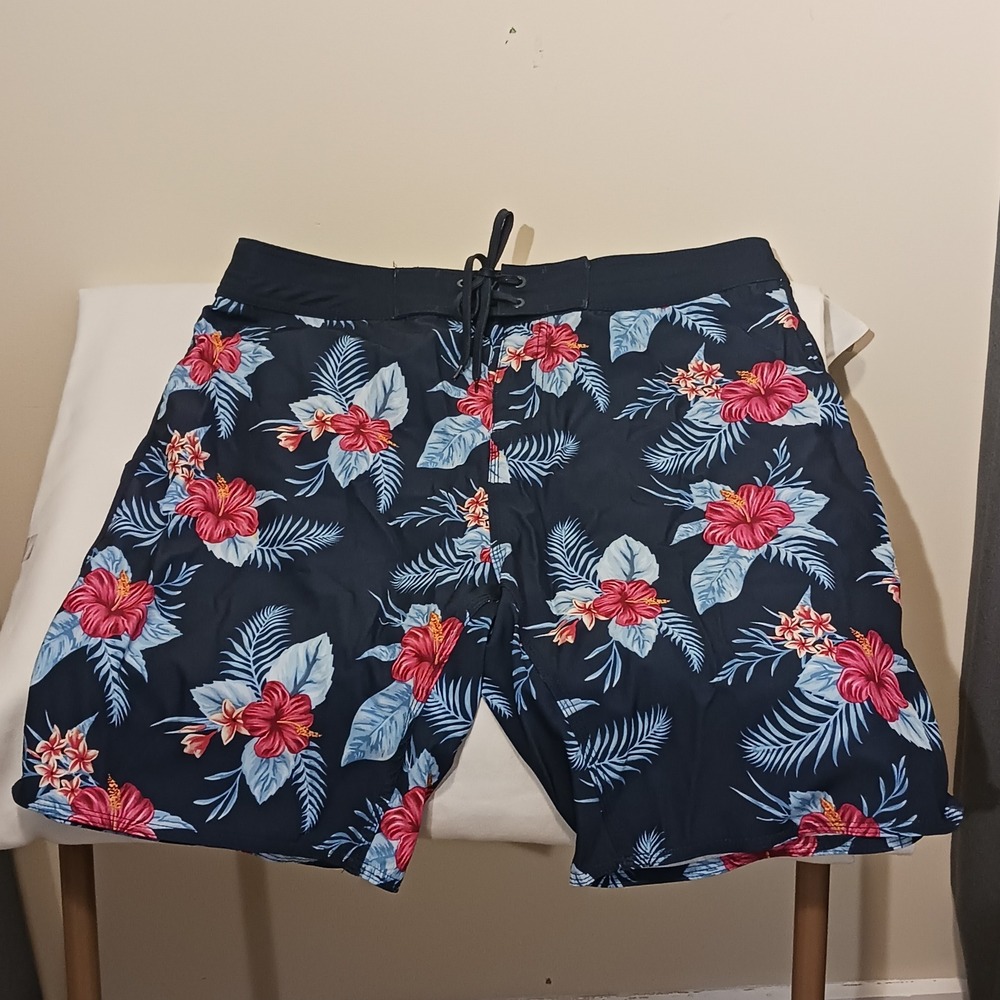 Burnside Mens Navy Blue Tropical Hibiscus Floral Board Shorts Swim Trunks 34